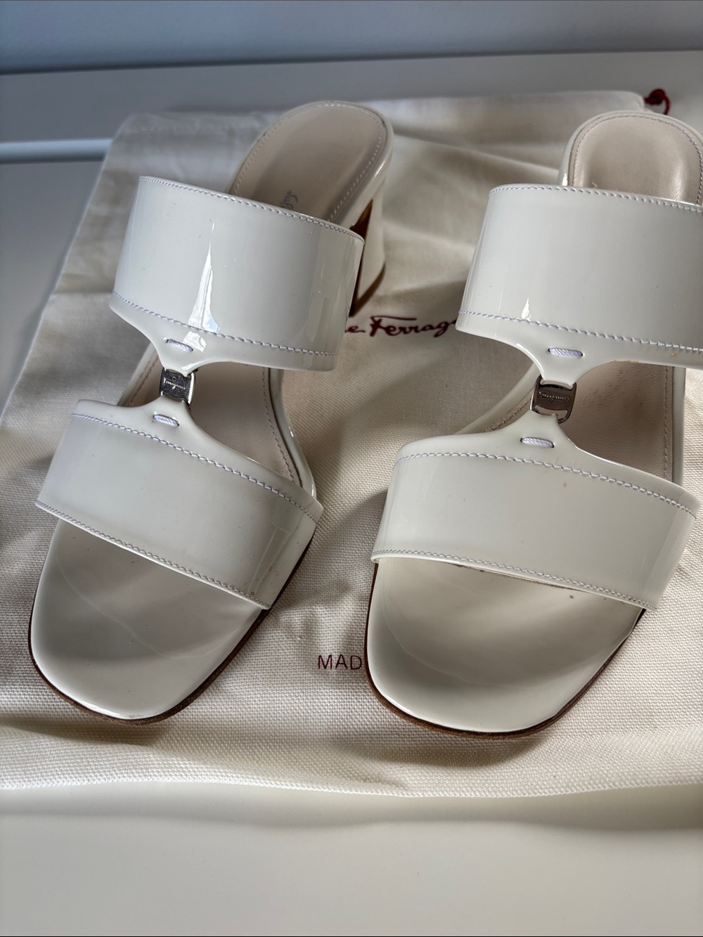 Salvatore Ferragamo White Patent Leather Double-Strap Slide Mules
